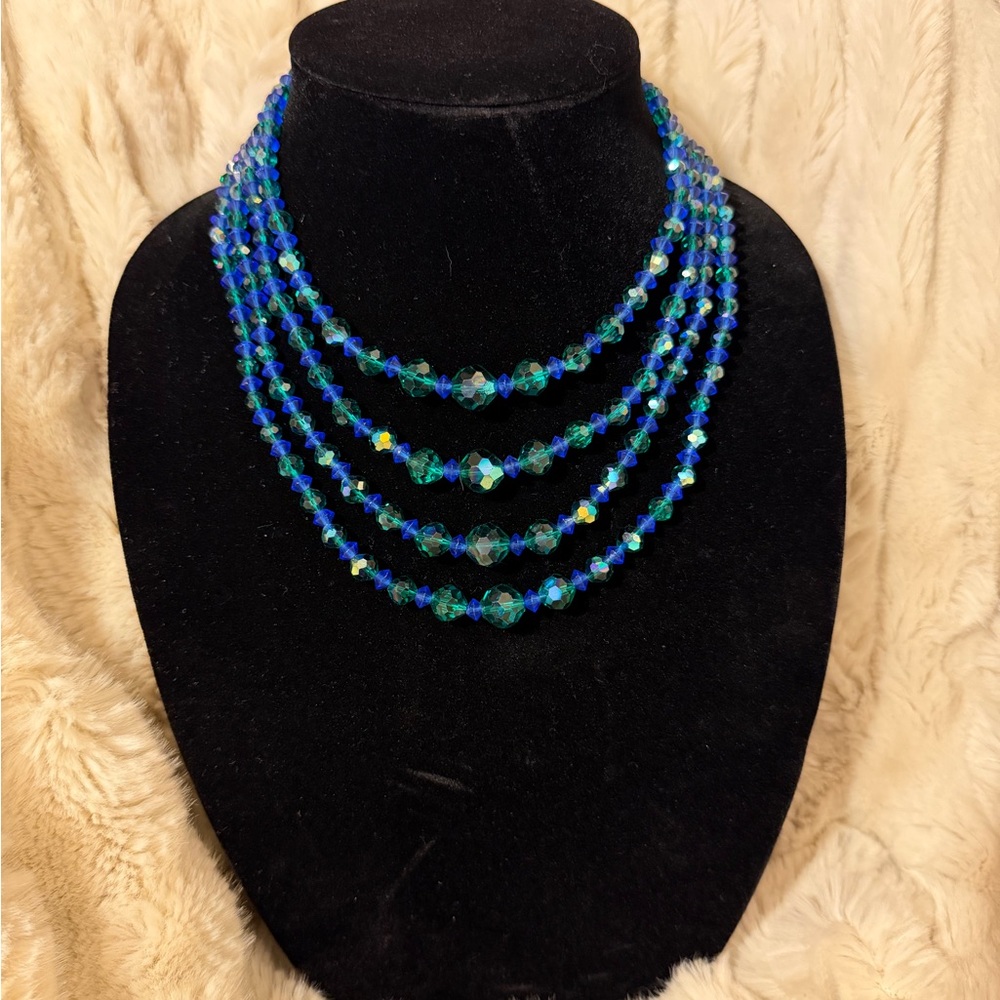 Vintage Royal Blue and Emerald Green Four Strand AB Crystal Necklace